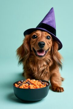 Cute dog wears purple witch hat with black trim
