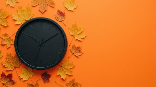 Black round wall clock surrounded by dry yellow maple leaves on a bright orange background for fall season