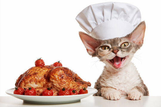 Cat in chef hat licking lips over roasted turkey platter with tomatoes