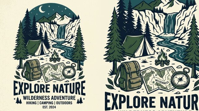 Explore nature wilderness adventure badge with camping tent waterfall forest mountains and hiking gear