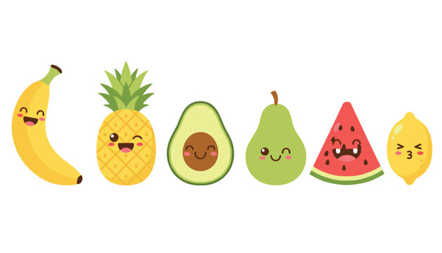 Set of cute pixel-art style fruit characters including a banana, pineapple, avocado, pear, watermelon slice, and lemon with happy facial expressions.
