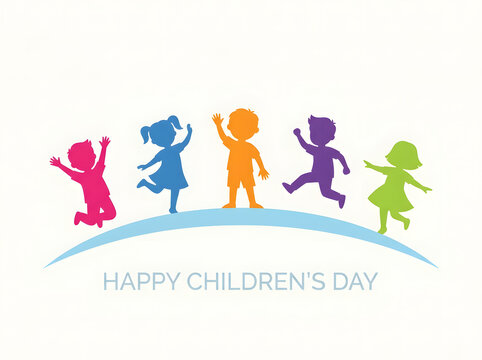 Colorful silhouettes of happy children jumping on a curved line for Childrens Day