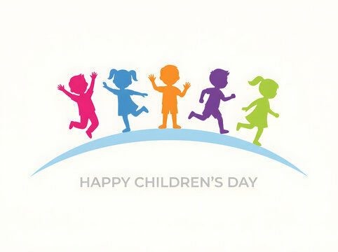Colorful silhouettes of happy children playing on a curved line for Childrens Day
