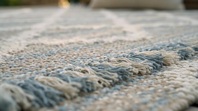 Close up textured boho rug with fringe detail and geometric pattern on outdoor patio during daytime