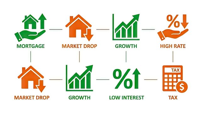 Financial infographic icons for market growth and mortgage.
