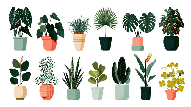 Trendy potted plant set for home with alocasia, begonia, fan palm, monstera, ficus, strelitzia, and oxalis, colored flat vector illustration isolated on white background