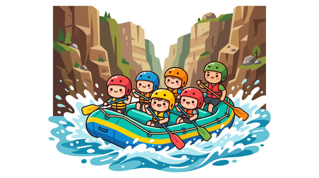 Group rafting in a rocky canyon river.
