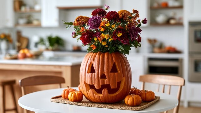 Carved pumpkin holds vibrant autumn blooms