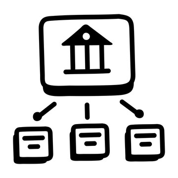 Hand-drawn doodle icon of a governance board linked to organized records, presented in bold black outlines on a clean white background for clear data visuals.