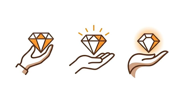 Minimalist icons of hands holding glowing orange diamonds