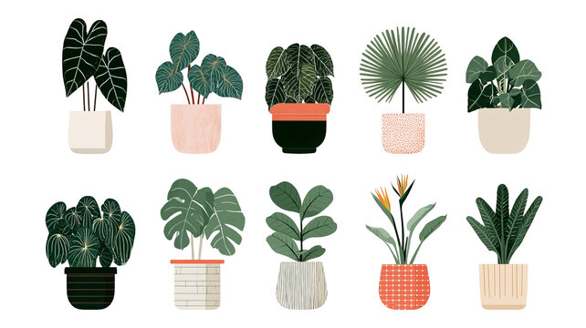 Trendy potted plant set for home with alocasia, begonia, fan palm, monstera, ficus, strelitzia, and oxalis, colored flat vector illustration isolated on white background