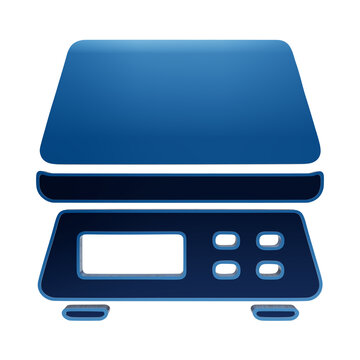 A glossy blue digital weighing scale icon with a flat platform and a small display screen, rendered in a 3D style on a white background isolated on a transparent background