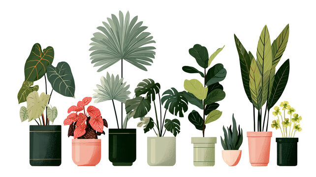 Trendy potted plant set for home with alocasia, begonia, fan palm, monstera, ficus, strelitzia, and oxalis, colored flat vector illustration isolated on white background
