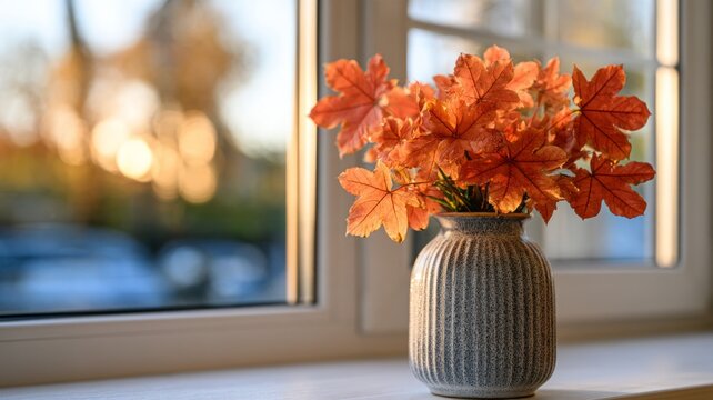 Soft autumn leaves in a textured vase sit by a sunlit window