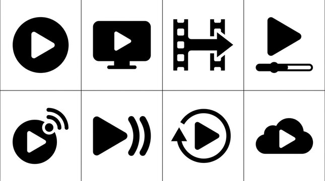 Set of black media player icons featuring play buttons for digital interface design on white background