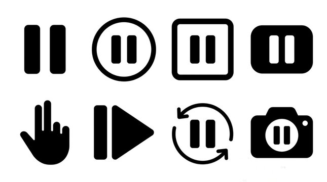 Set of black pause button icons for media player interface design on a white background