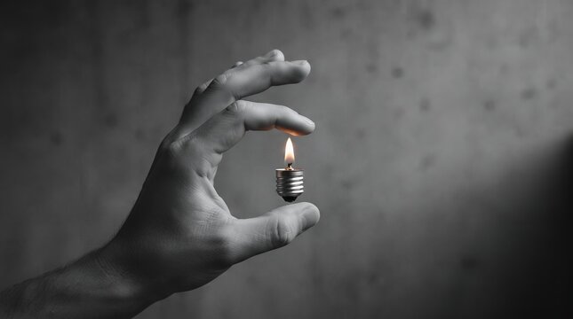 A hand delicately holds a miniature light bulb with a lit filament, symbolizing a brilliant idea contained within.