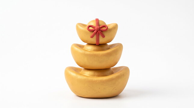Stacked golden chinese sycee ingots with red bow on white background