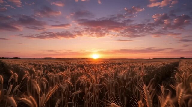 Cinematic video of the sun setting perfectly on the horizon over a golden wheat field, marking the autumn equinox