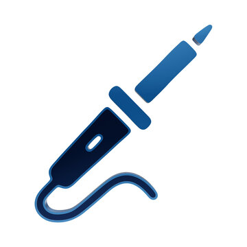 A glossy blue icon of a soldering iron tool with a cord, shown in a diagonal position, isolated on a white background, for electronics and repair isolated on a transparent background