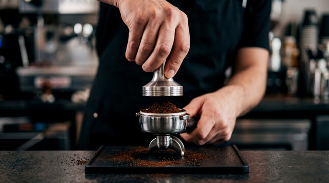 Barista tamping ground coffee in a portafilter at a cafe