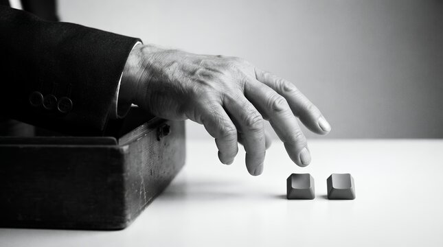 A hand emerges from a dark, aged wooden box, reaching towards two isolated computer keys.
