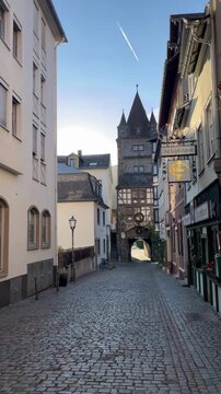 Bacharach, Germany, August 11, 2026 selective focus on medieval architecture along streets of Bacharach