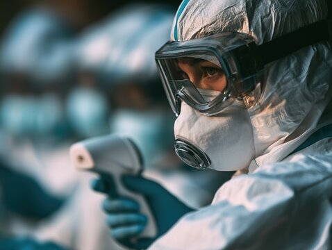 Healthcare worker in protective suit and respirator handling medical equipment, clinical safety, infection control, professional response.