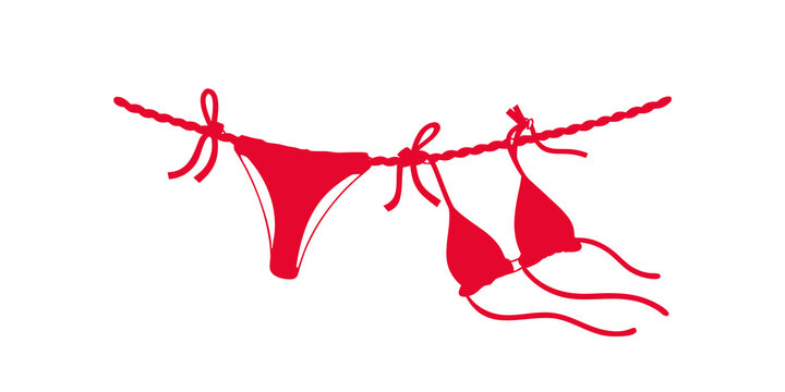 Red Bikini On Clothesline Icon Vector Illustration. Swimsuit And Underwear Hanging With Clothespin Isolated On White Background. Laundry Line Symbol For Beach Or Fashion Design.