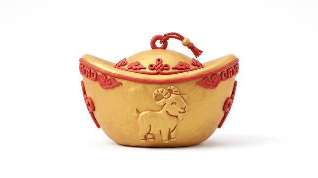 Traditional chinese gold sycee with goat carving isolated on white