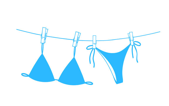 Blue Bikini On Clothesline Icon Vector Illustration. Swimsuit And Underwear Hanging With Clothespin Isolated On White Background. Laundry Line Symbol For Beach Or Fashion Design.