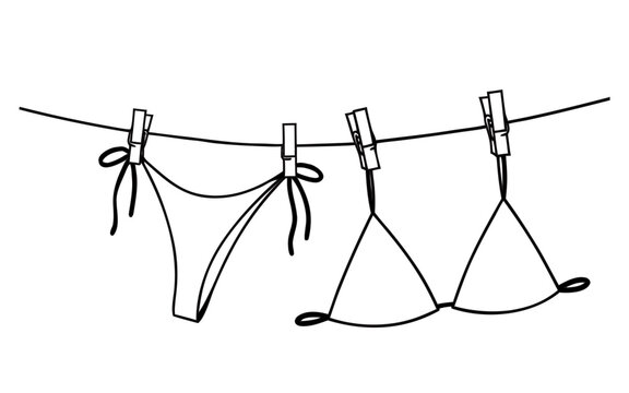 Bikini On Clothesline Line Art Vector Illustration. Continuous One Line Drawing Of Swimsuit Hanging With Clothespin Isolated On White Background. Minimal Laundry Sketch For Design.