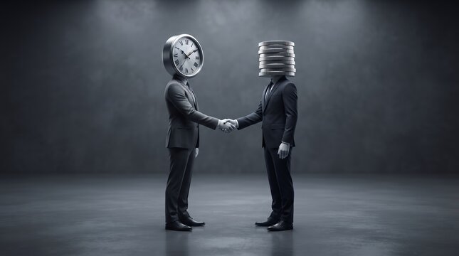 A man with a clock for a head shakes hands with a man whose head is made of stacked servers.