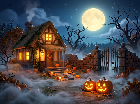 Spooky cottage decorated with glowing jack-o-lanterns under a full moon