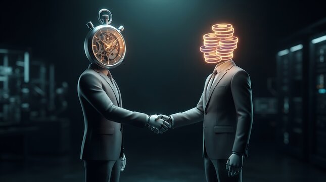 A figure with a stopwatch head shakes hands with a figure whose head is a stack of glowing coins.
