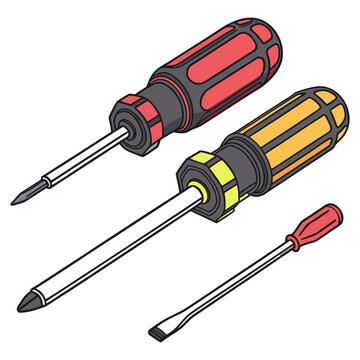 Modern 3d vector illustration set of three professional handheld screwdrivers with colorful rubberized ergonomic handles for construction work