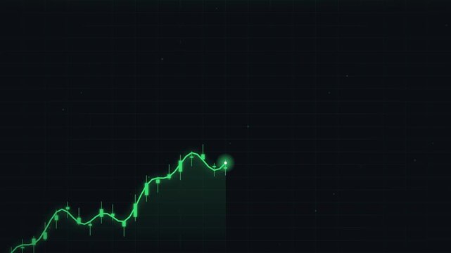 Green upward trending financial graph with a peak highlight, symbolizing stock market growth, investment success, and economic progress in a dark, abstract background, digital abstract visual