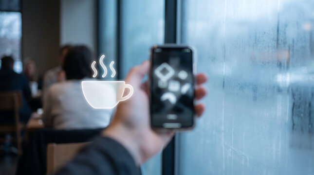 Hand Holding Smartphone with Coffee Cup Icon Cozy Work, Lifestyle and Daily Routine Concept