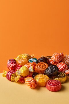 Bright candies scattered on warm-toned background