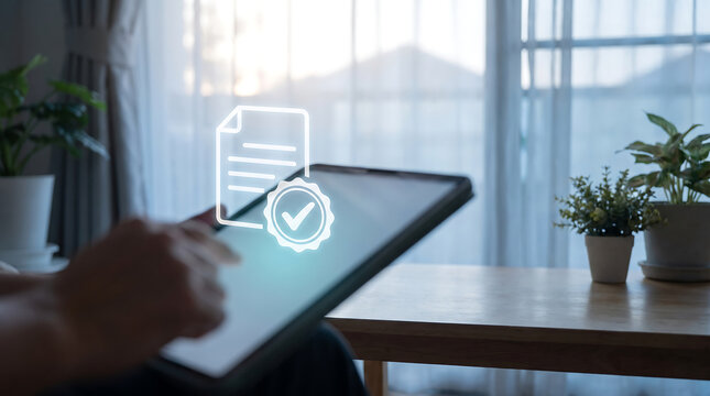 Hand Holding Tablet with Verified Document Icon Digital Approval and Document Verification Concept