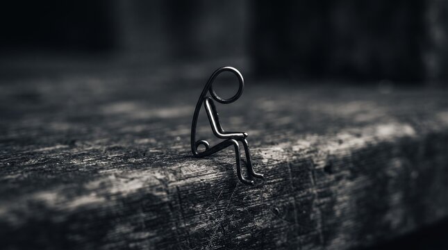 A tiny wire stick figure is perched on a dark wooden surface, appearing thoughtful and isolated.