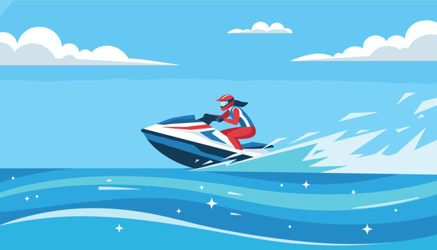 Action vector illustration of an active person riding a fast jet ski on the blue ocean waves under a sunny sky.