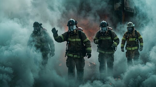 Four professional firefighters wearing protective gear and helmets walking through heavy smoke at an emergency site