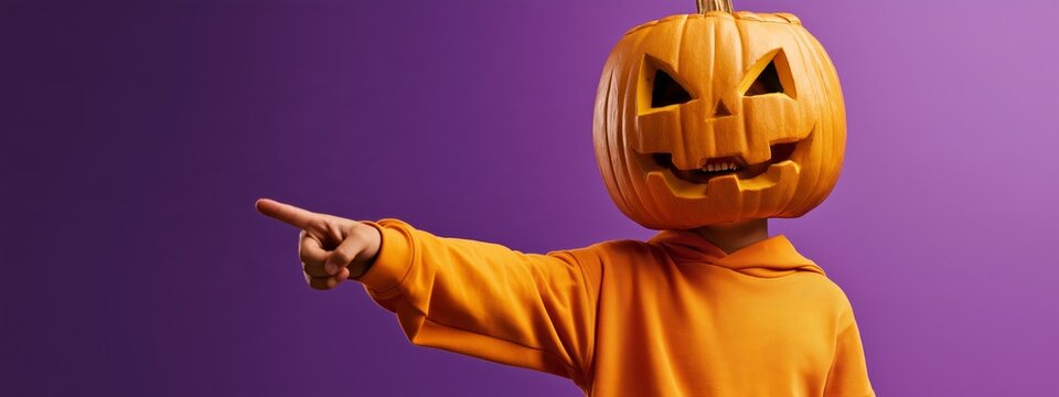 Person wears a carved pumpkin head