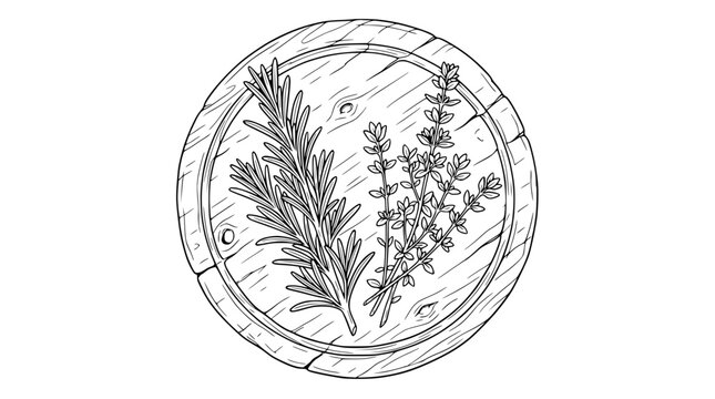 Hand drawn illustration of rosemary and thyme on wooden board