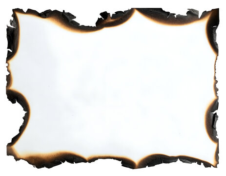 Burnt paper edge texture with scorched black and brown edges on white background
