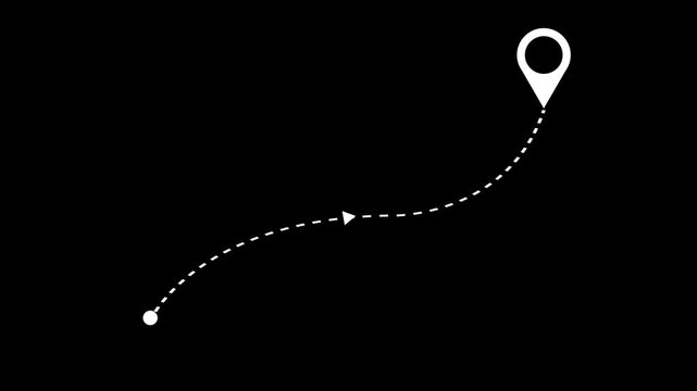 Animated dashed route line leading to map pin location on dark background. White navigation path with arrow and destination marker. Minimal travel and