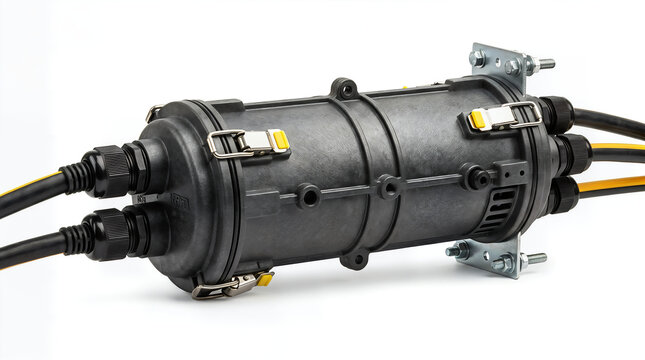 Black cylindrical fiber optic cable splice closure with secure metal latches