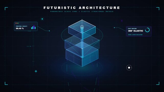 Futuristic architecture 3D wireframe interface showing parametric glass cube