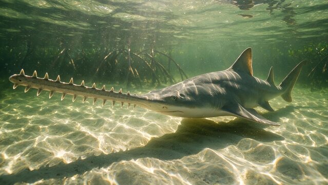 Sawfish Swimming in Shallow Mangrove Waters